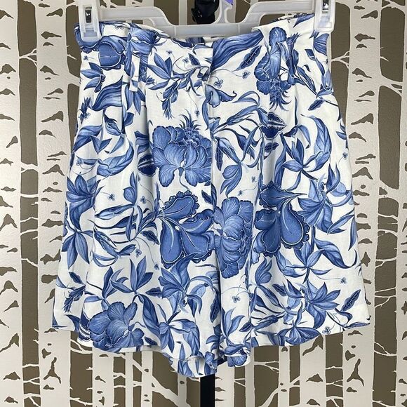Tropical Print Paperbag High Waist Linen Blend Shorts 4 - Picture 1 of 12